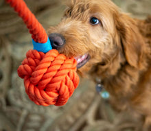 Load image into Gallery viewer, ThoozyPet Ball Tug Rope Dog Toy with Handle Orange 5"