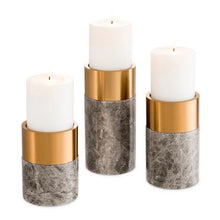 Load image into Gallery viewer, Candle Holder Sierra grey marble brass finish set of 3
