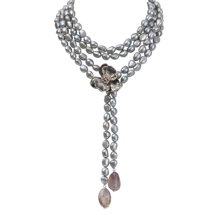 Orchid Lariat Necklace with Pearls, Ametrine and Pink Sapphire